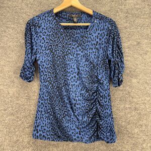 Style & Co. Blouse Women S Small Blue Animal Print V-Neck Short Sleeve Casual